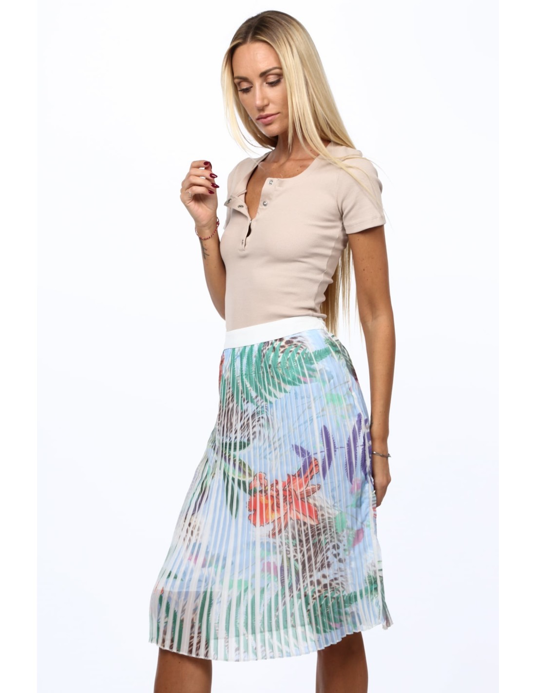 Pleated skirt with plant motifs, blue MP81827 - Online store - Boutique